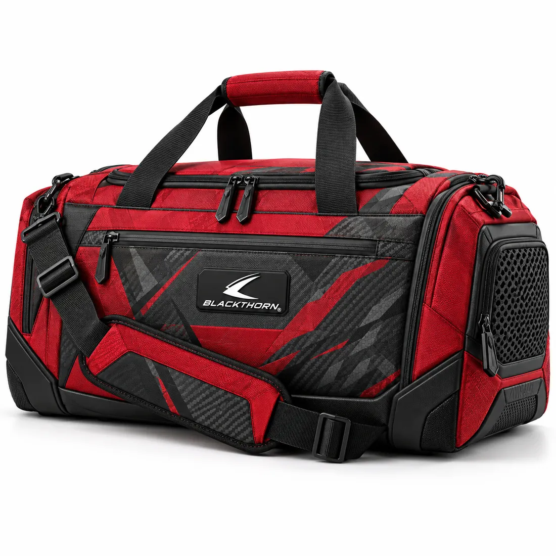 Red MMA duffle bag with black carbon-texture panels, black base, logo patch, mesh end pocket and padded shoulder strap
