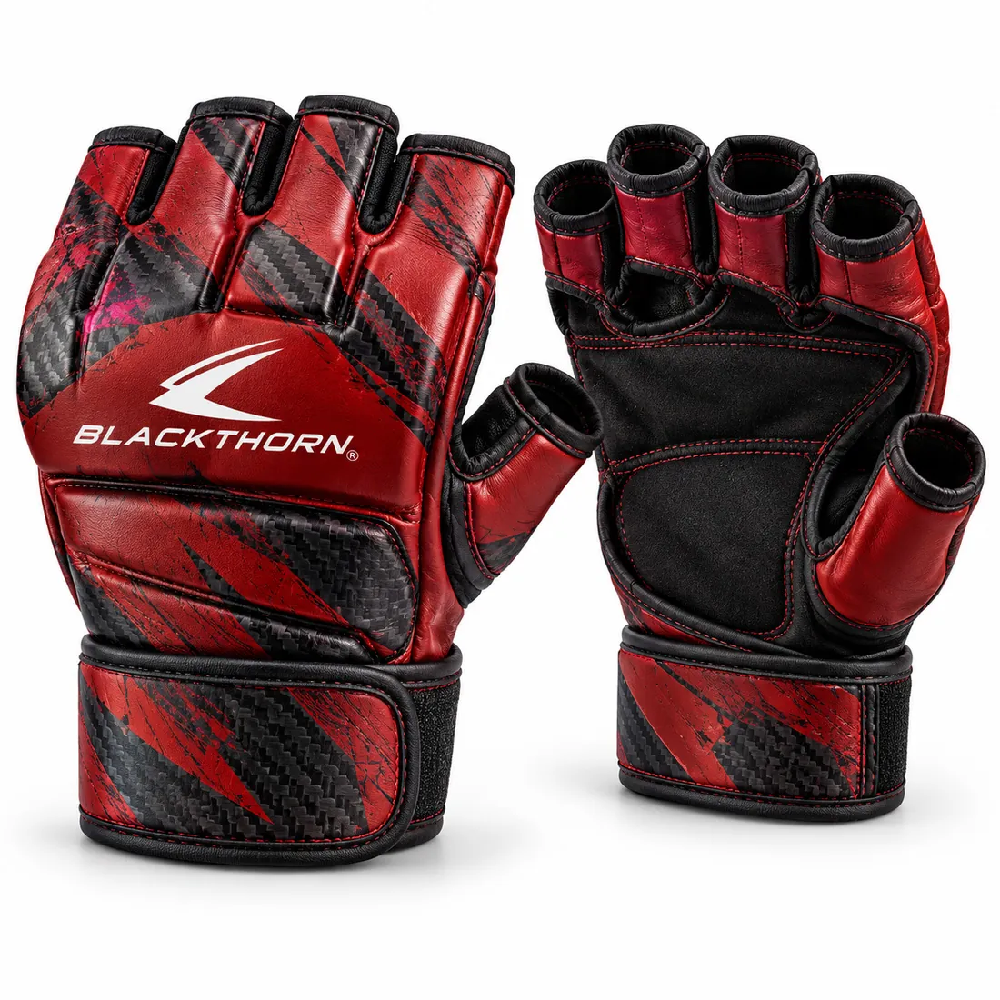 Crimson red grappling gloves with black carbon-texture slashes, slim padding, open palms and white Blackthorn logo