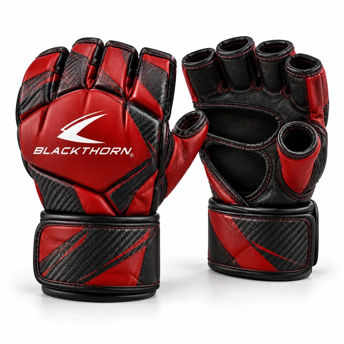 Crimson red MMA gloves with black carbon-texture panels, red stitching, open palm and white Blackthorn logo on backhand