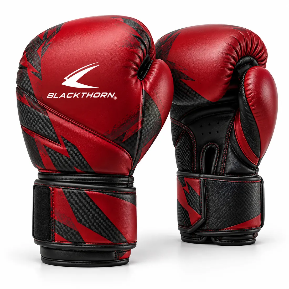Pair of red sparring gloves with black carbon-texture slashes, black palm and black strap