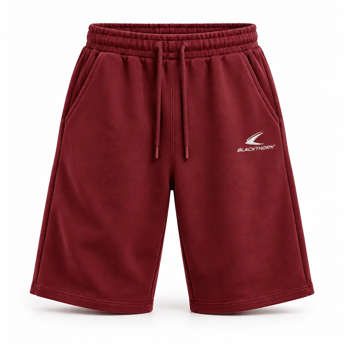 Crimson brick-red long sweat shorts with drawcord eyelets and small embroidered logo, front view