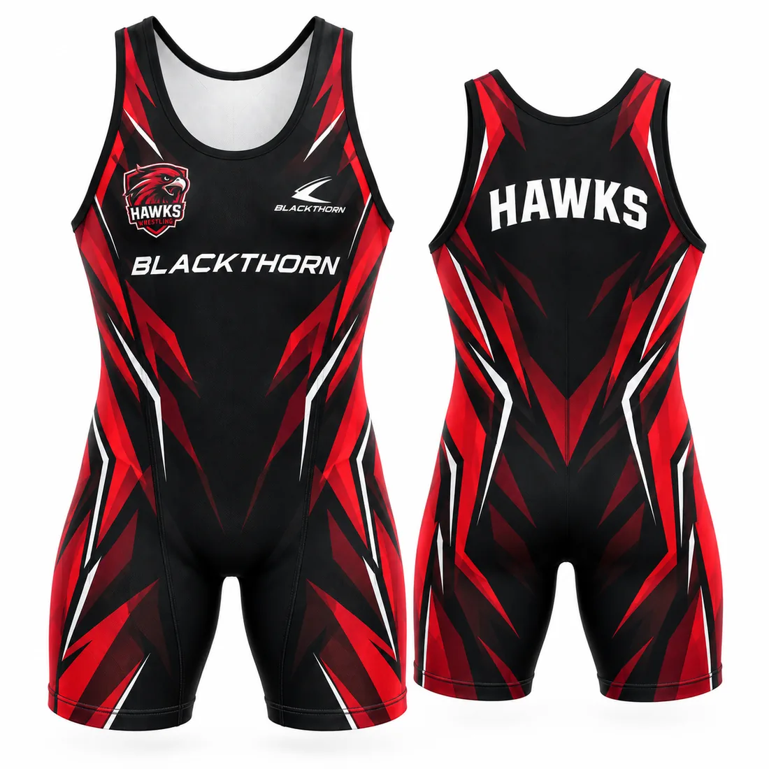 Crimson Faultline custom sublimated wrestling singlet, black and crimson, shown as the Hawks — front and back