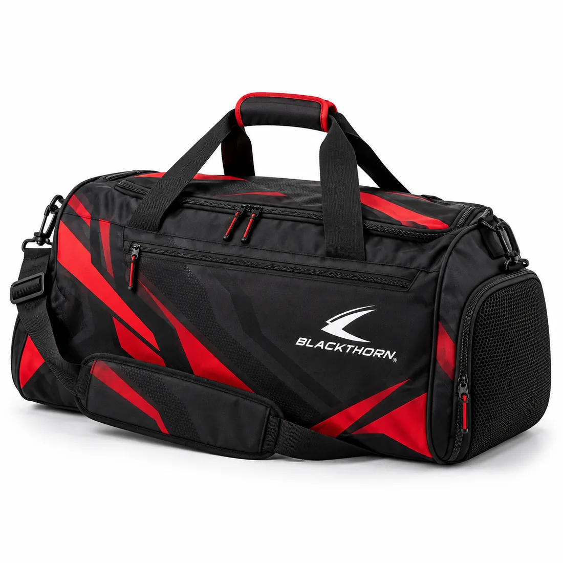 Black sublimated academy duffel bag with red and charcoal shard graphics, mesh shoe end-pocket and shoulder strap