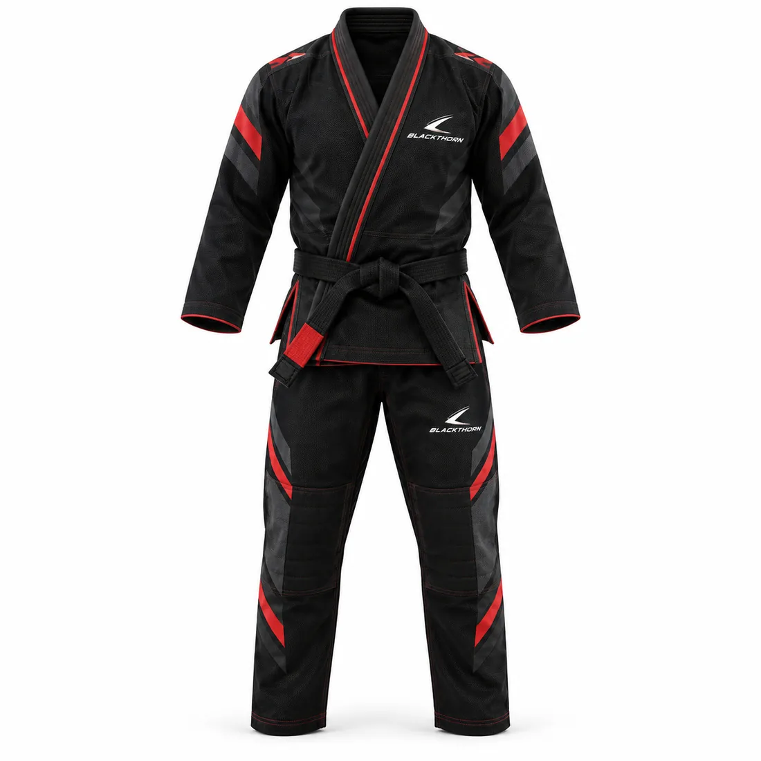 Black BJJ gi jacket and pants with red and charcoal shard trim, Crimson Strike academy uniform, front view