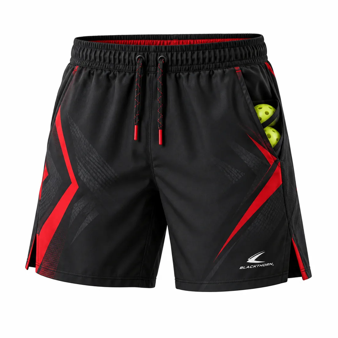 Black pickleball shorts with red and charcoal shard graphics and deep ball pocket, elastic drawcord waist