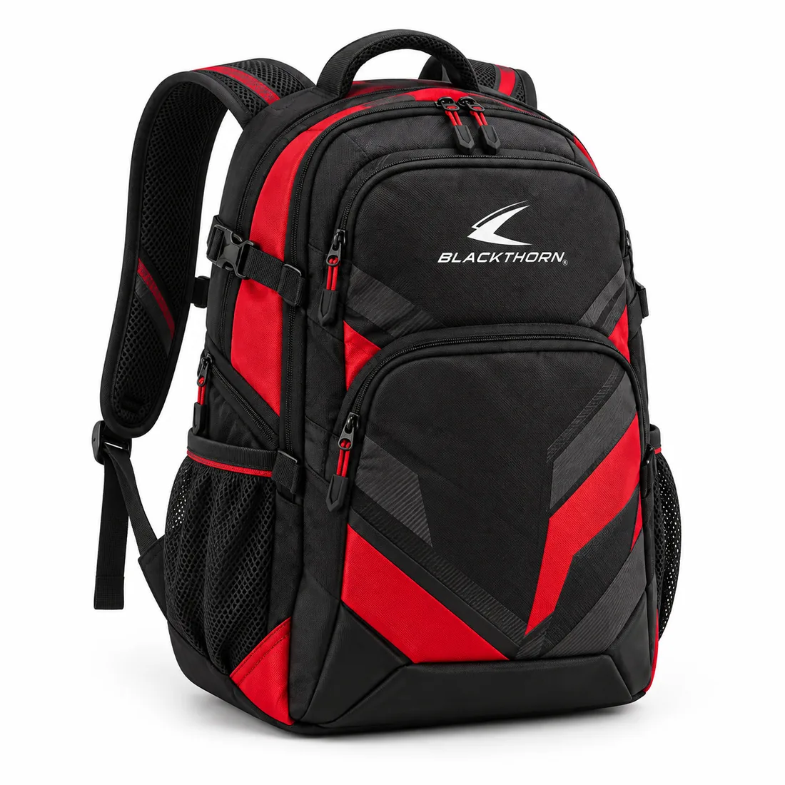 Black competition team backpack with red and charcoal shard graphics and side mesh bottle pockets