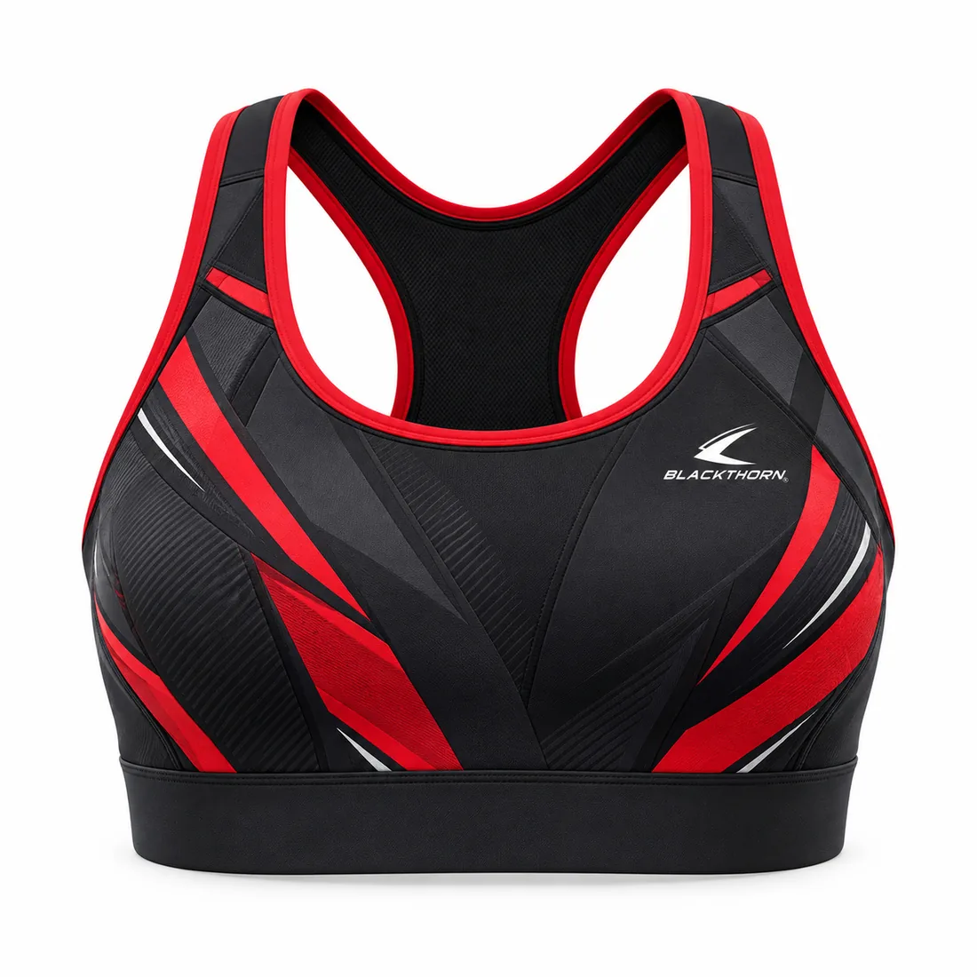 Black sports bra with red and charcoal shard graphics, sublimated competition design, front view