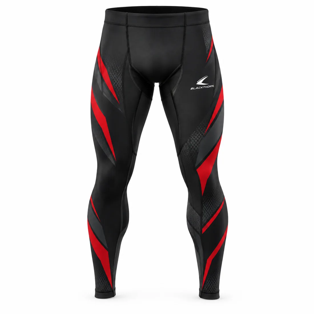 Black full-length grappling spats with red and charcoal shard graphics on the legs, side view
