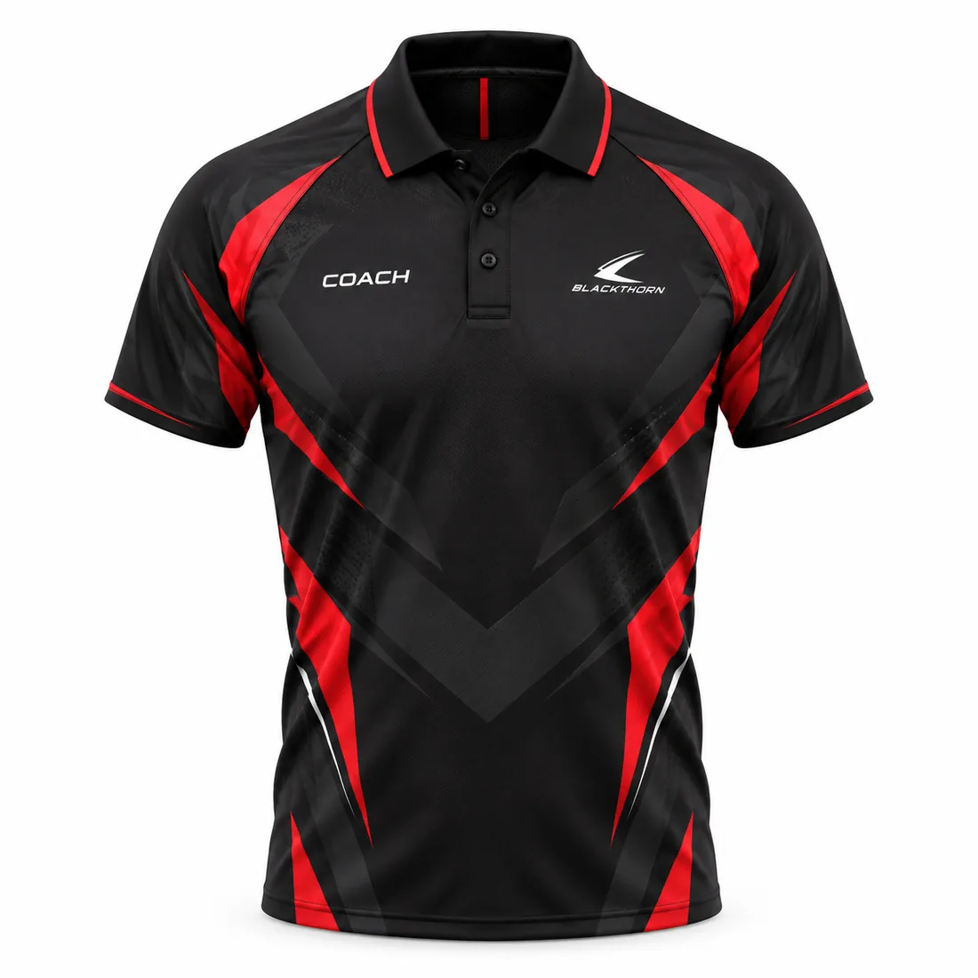 Black coach polo with sharp red and charcoal shard graphics and COACH chest print, front view