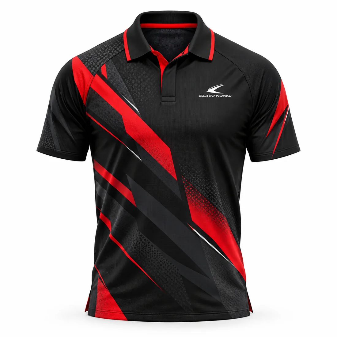 Black sublimated padel polo shirt with red and charcoal shard graphics, collar and placket, front view
