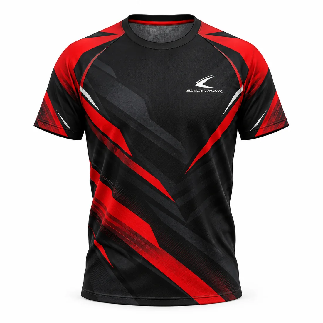 Black pickleball jersey with sharp red and charcoal shard graphics across the chest, crew neck, front view