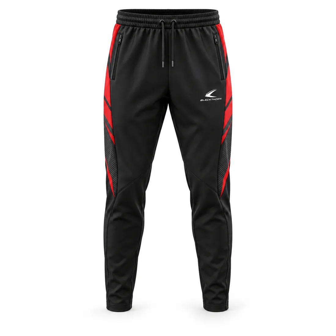 Black tapered training pants with red and charcoal shard graphics and zip side pockets, front view