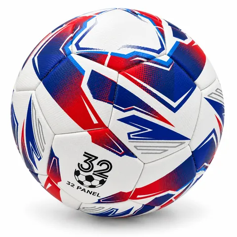 Custom 32-panel soccer ball with blue and red graphics — front
