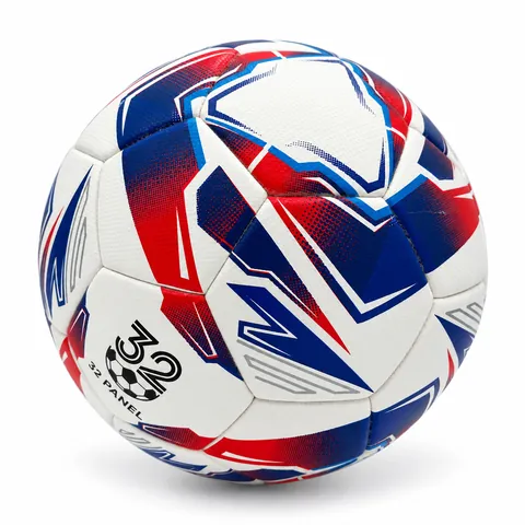 32-panel blue and red soccer ball — three-quarter view