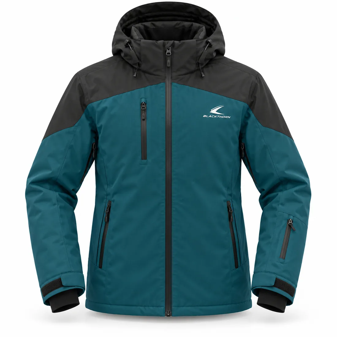 Alpine Ski Jacket — custom hooded insulated alpine ski jacket in teal and charcoal color-block, made to order by Blackthorn World