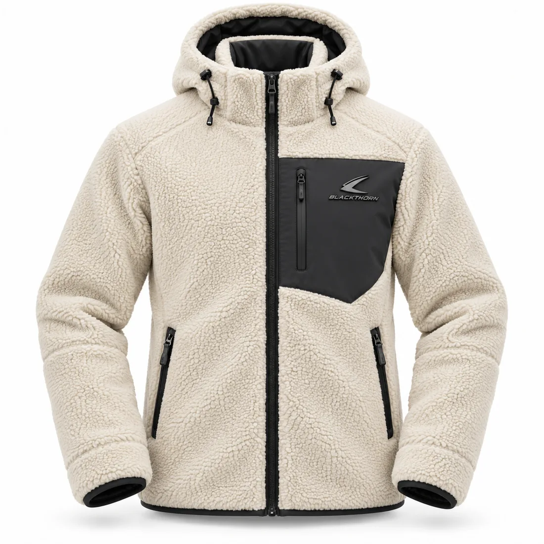 Après Sherpa Fleece Jacket — custom hooded sherpa fleece jacket in cream with black trims, made to order by Blackthorn World