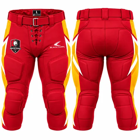 Custom American football game pants with side stripes, red and gold — front and back