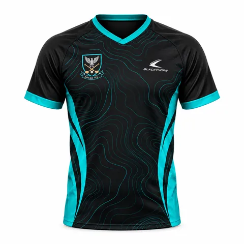 Black Teal Topography custom sublimated GAA jersey, black and teal — front view