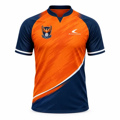 Orange Navy Split custom sublimated GAA jersey, orange and navy — front view