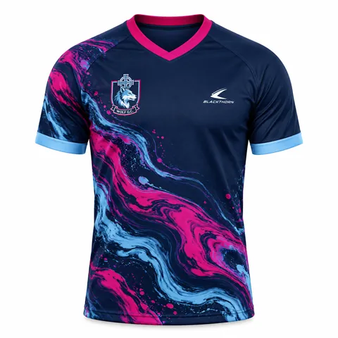 Navy Pink Fluid custom sublimated GAA jersey, navy and pink — front view