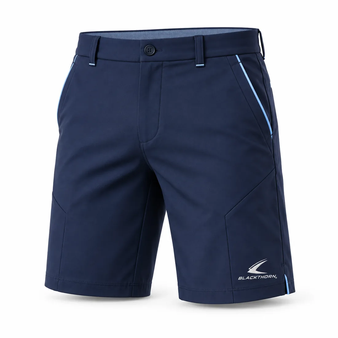Stretch Golf Shorts in navy and ice blue — custom golf wear by Blackthorn World