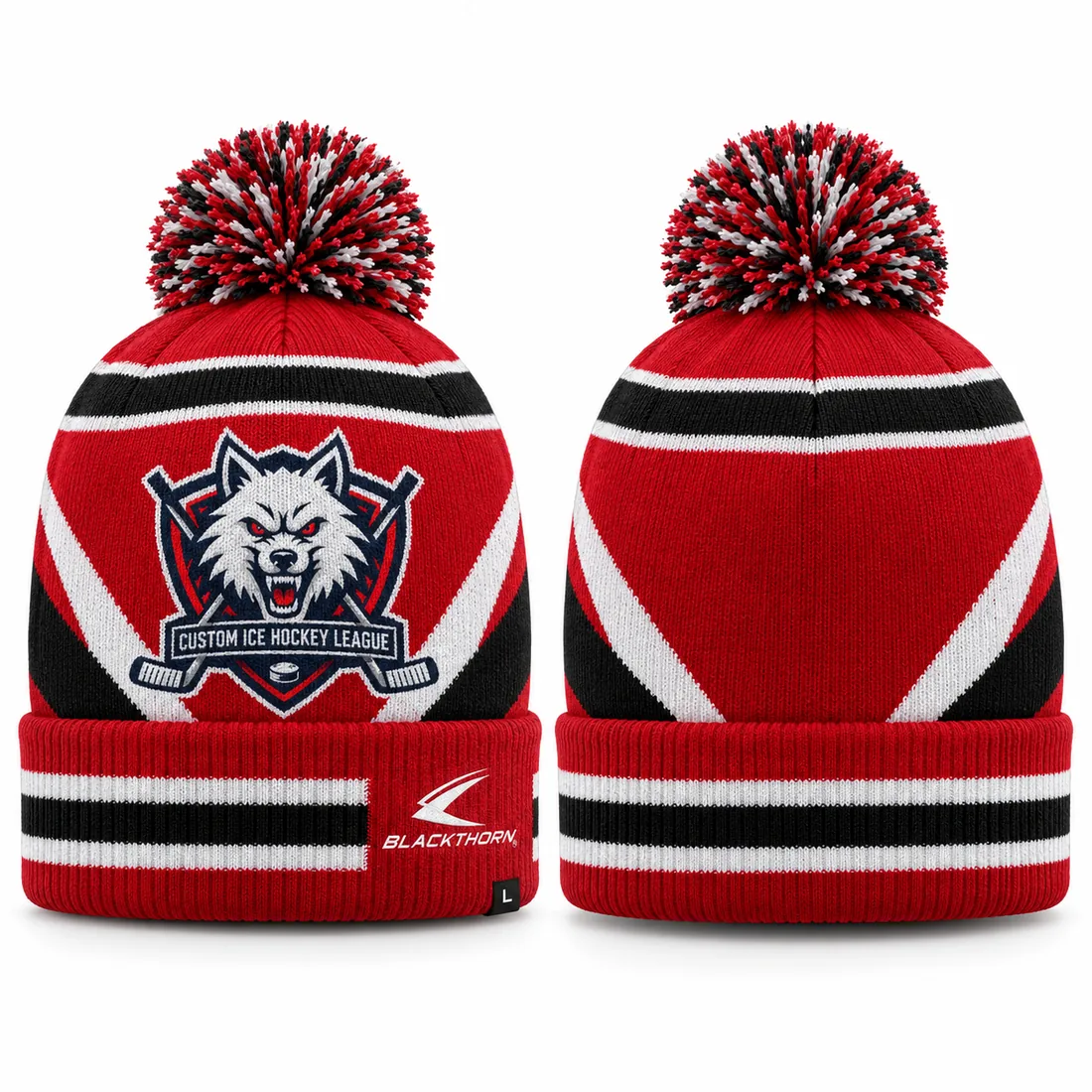 Custom knitted hockey toque with team logo, red and black — front and back
