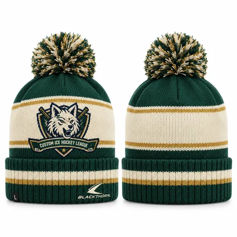 Custom knitted hockey toque with team logo, green and cream — front and back