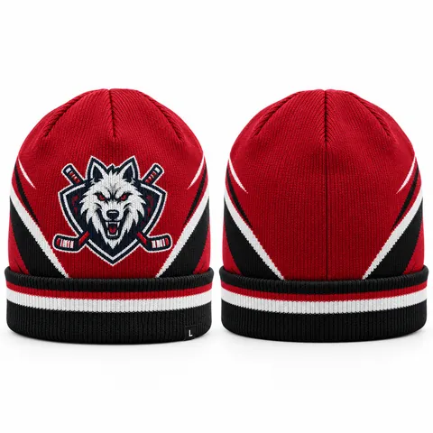 Custom knitted hockey toque with team logo, red and black — front and back