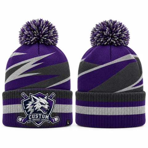 Custom knitted hockey toque with team logo, purple and grey — front and back