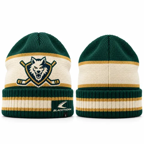 Custom knitted hockey toque with team logo, green and cream — front and back