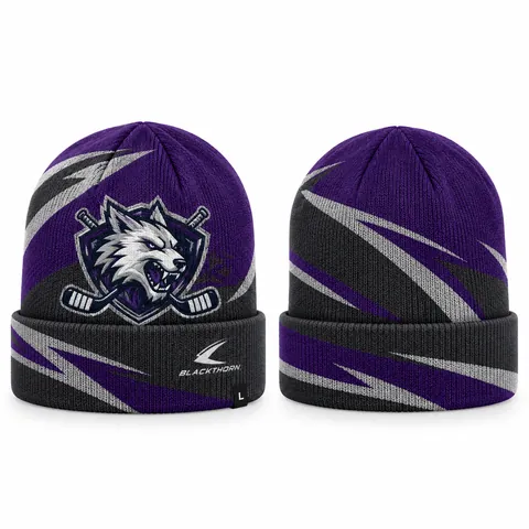 Custom knitted hockey toque with team logo, purple and grey — front and back