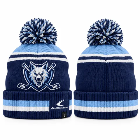Custom knitted hockey toque with team logo, navy and light blue — front and back