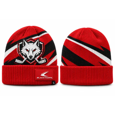 Custom knitted hockey toque with team logo, red and black — front and back