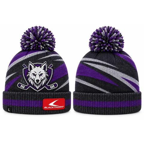 Custom knitted hockey toque with team logo, purple and grey — front and back