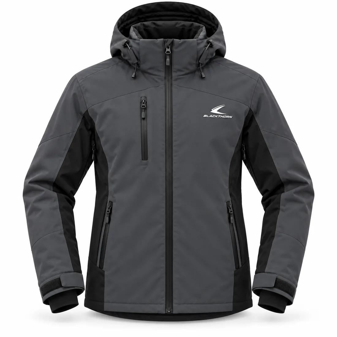 Hooded Ski Softshell Jacket — custom hooded softshell ski jacket in charcoal with black side panels, made to order by Blackthorn World