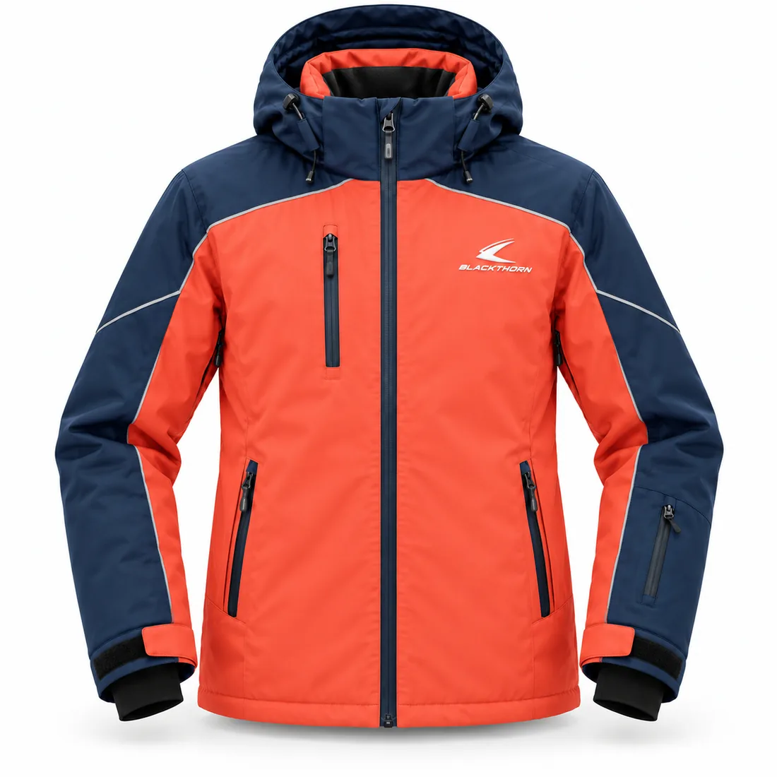 Kids Ski Jacket — custom kids hooded insulated ski jacket in red-orange and navy, made to order by Blackthorn World