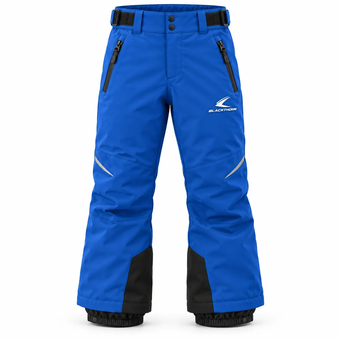 Kids Ski Pants — custom kids insulated ski pants in royal blue with black kick patches, made to order by Blackthorn World