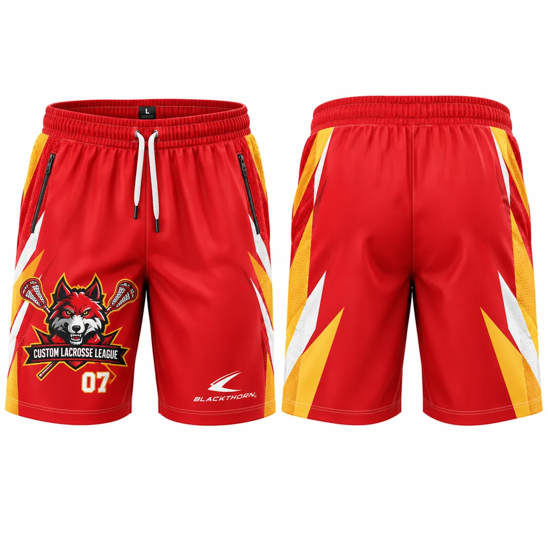 Custom sublimated lacrosse shorts, red and gold — front and back