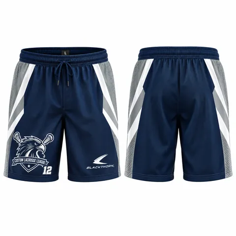 Custom sublimated lacrosse shorts, navy and silver — front and back