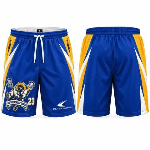 Custom sublimated lacrosse shorts, royal blue and gold — front and back