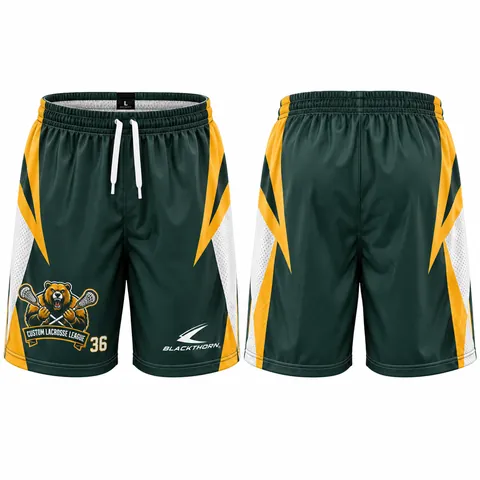 Custom sublimated lacrosse shorts, green and gold — front and back