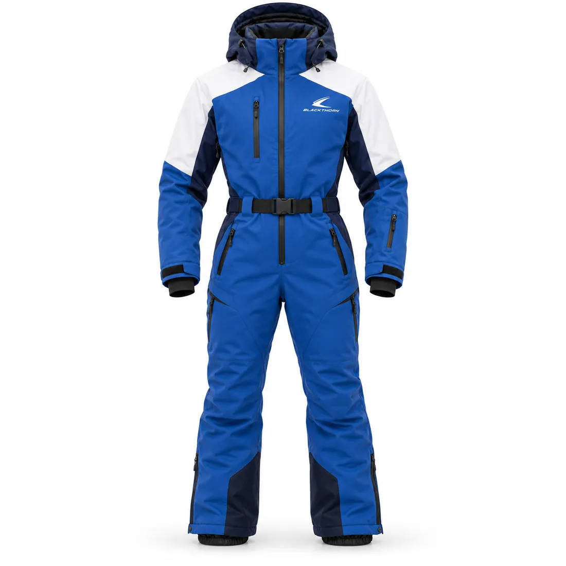 One-Piece Ski Suit — custom one-piece ski suit in royal blue with white shoulders, made to order by Blackthorn World