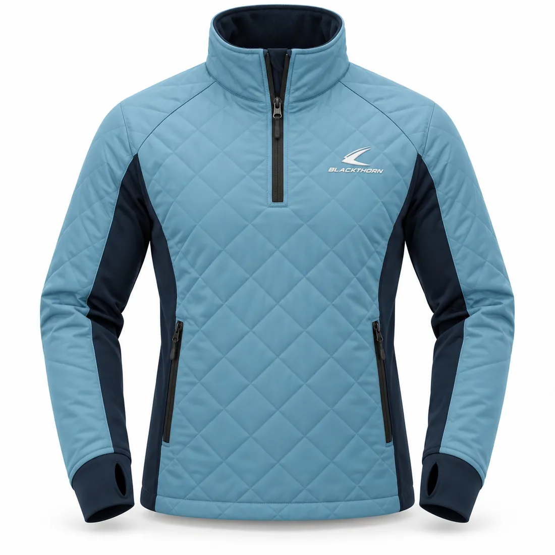 Quilted Insulated Pullover — custom quilted insulated half-zip pullover in sky blue with navy side panels, made to order by Blackthorn World