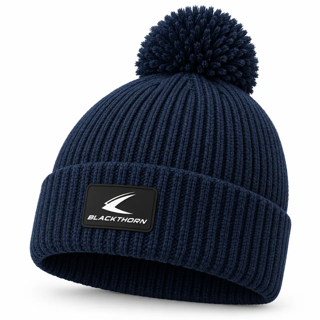 Ski Pom Beanie — custom cuffed rib-knit pom beanie in navy, made to order by Blackthorn World