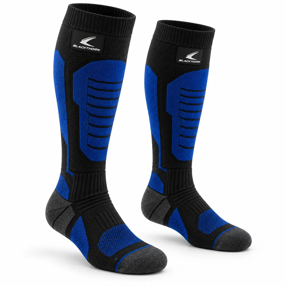 Ski Socks — custom knee-high cushioned ski socks in black and royal blue, made to order by Blackthorn World