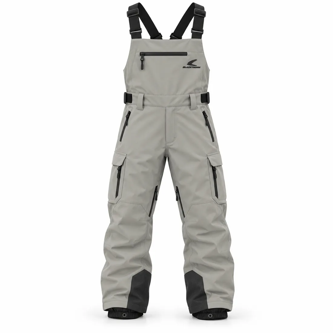 Snowboard Bib Pants — custom snowboard bib pants in light grey with black kick panels, made to order by Blackthorn World