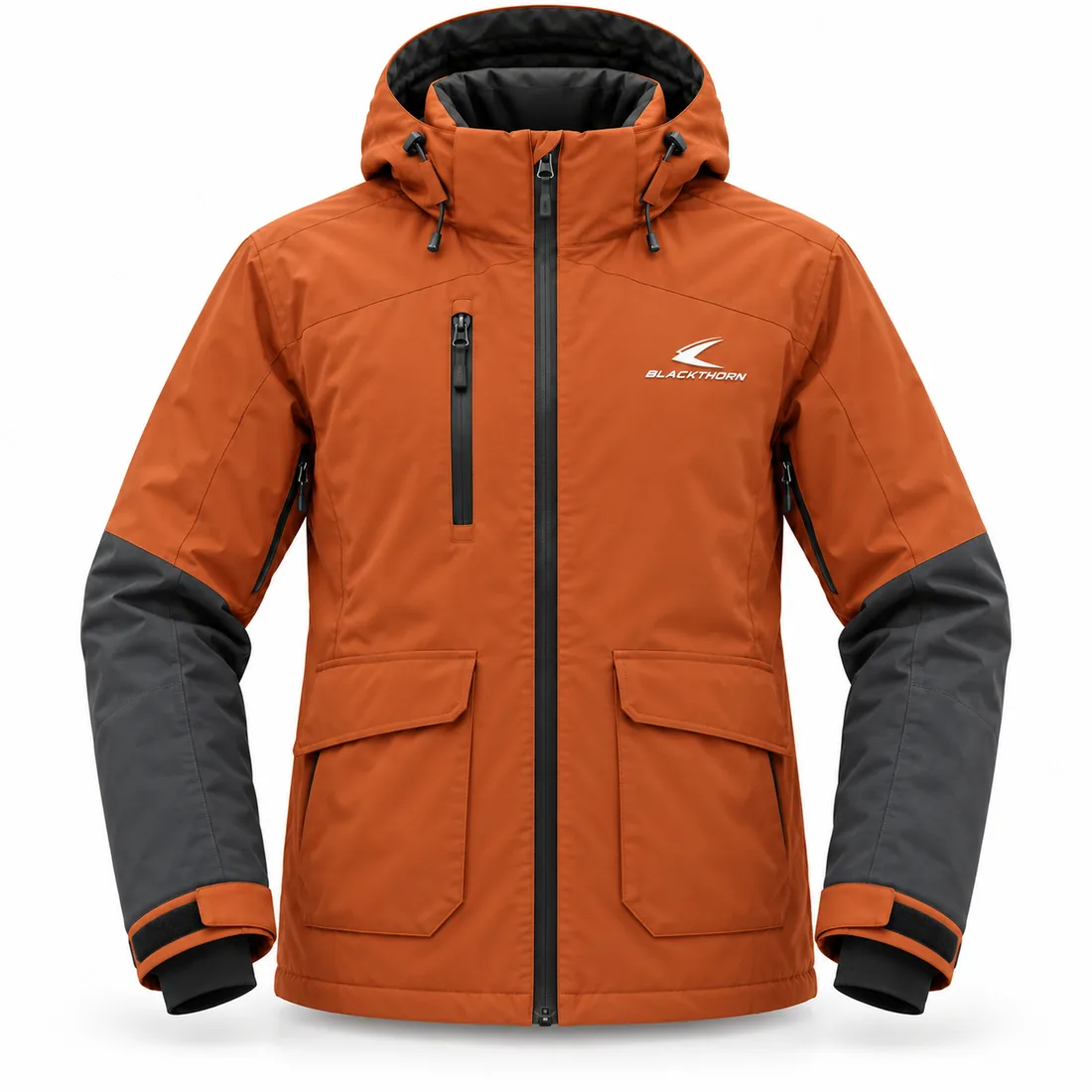 Snowboard Jacket — custom relaxed-fit hooded snowboard jacket in orange with charcoal sleeves, made to order by Blackthorn World