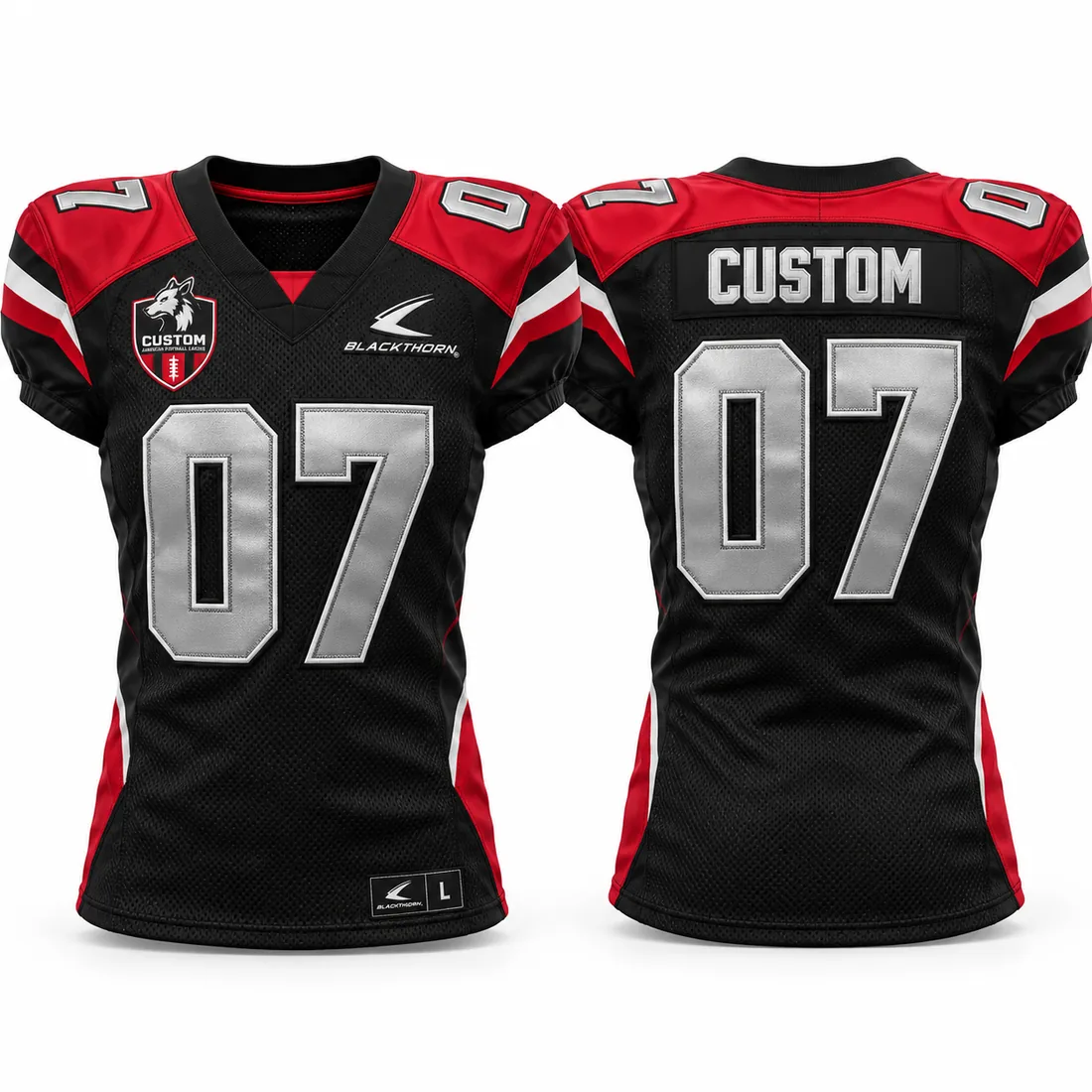 Custom sublimated American football gridiron jersey, black and crimson — front and back