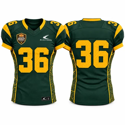 Custom sublimated American football gridiron jersey, green and gold — front and back