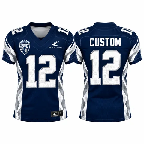 Custom sublimated American football gridiron jersey, navy and white — front and back